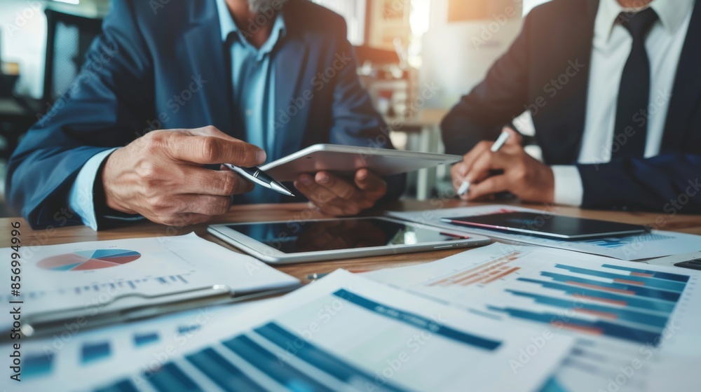 Fototapete A financial advisor discussing investment strategies with a client using a tablet and graphs.