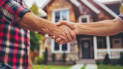 owner and construction work shaking hands in front of their new house.