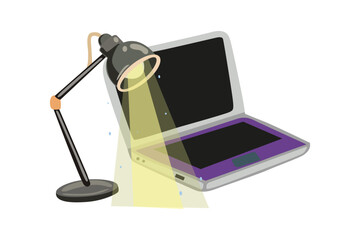 Back to school illustration. Work environment with laptop and desk lamp. Vector computer and lamp which shines on the laptop on the table. Work Environment