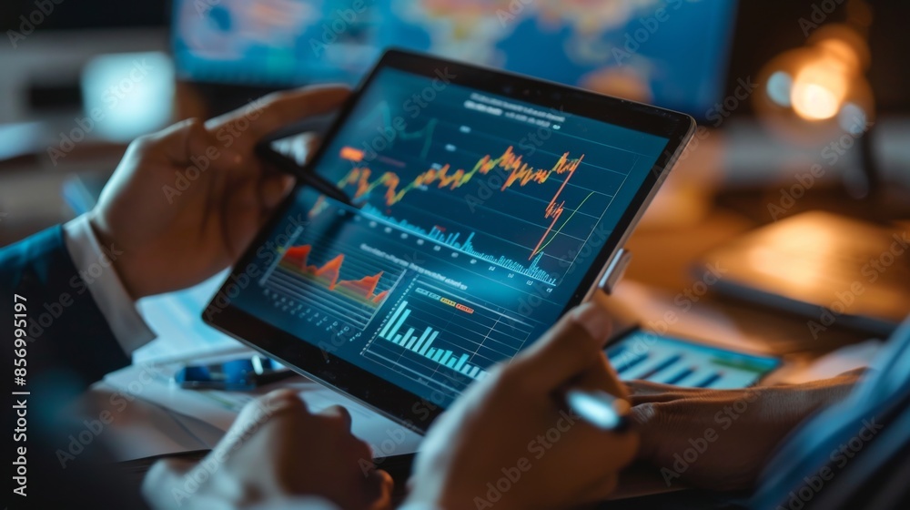 Fototapete a financial advisor discussing investment strategies with a client using a tablet and graphs.