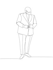 chubby man with a beard in elegant suit one line art. Continuous line drawing of body positive, overweight, plus size model, XL, health, fashion, self acceptance.