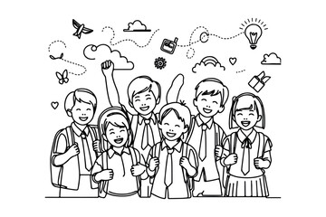 happiness little students group enjoy back toschool line art.