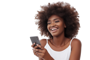 Portrait of a happy woman using mobile phone isolated over PNG transparent background