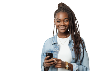 Smiling women young girl using smartphone, isolated on transparent background. Casual modern lifestyle concept with tech-savvy adult male holding mobile device.