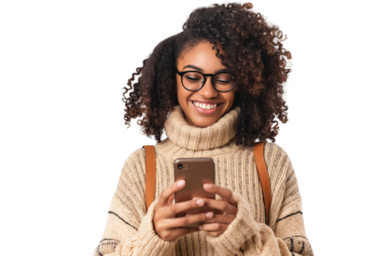 Portrait of a happy woman using mobile phone isolated over PNG transparent background
