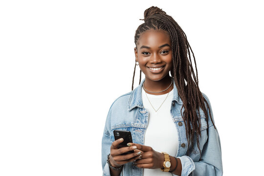 Smiling women young girl using smartphone, isolated on transparent background. Casual modern lifestyle concept with tech-savvy adult male holding mobile device.
