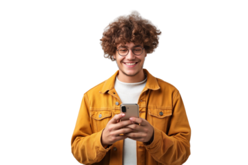 Portrait of a happy man using mobile phone isolated over PNG transparent background