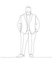chubby man with a beard in elegant suit one line art. Continuous line drawing of body positive, overweight, plus size model, XL, health, fashion, self acceptance.
