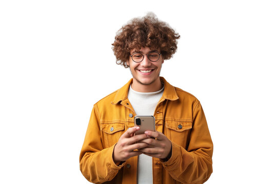 Portrait of a happy man using mobile phone isolated over PNG transparent background