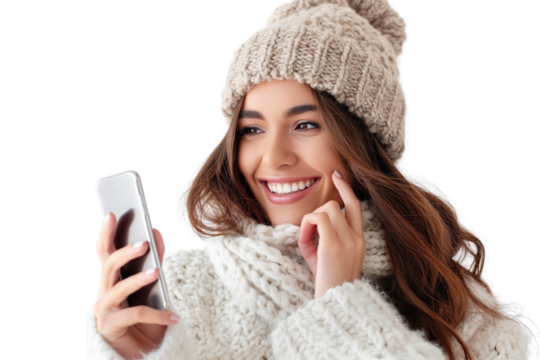 Portrait of a happy woman using mobile phone isolated over PNG transparent background - Powered by Adobe