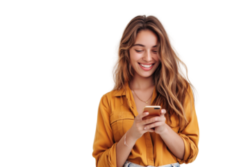 Smiling women young girl using smartphone, isolated on transparent background. Casual modern lifestyle concept with tech-savvy adult male holding mobile device.