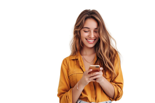 Smiling women young girl using smartphone, isolated on transparent background. Casual modern lifestyle concept with tech-savvy adult male holding mobile device. - Powered by Adobe