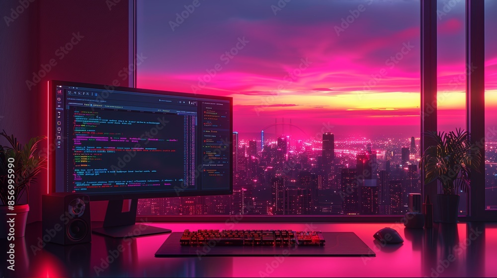Poster computer coding at sunset with city skyline view