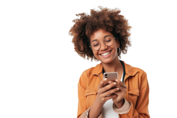Smiling women young girl using smartphone, isolated on transparent background. Casual modern lifestyle concept with tech-savvy adult male holding mobile device.