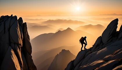 Fototapeta premium silhouette of a climber climbing a cliffy rocky mountain against the sun at sunset 