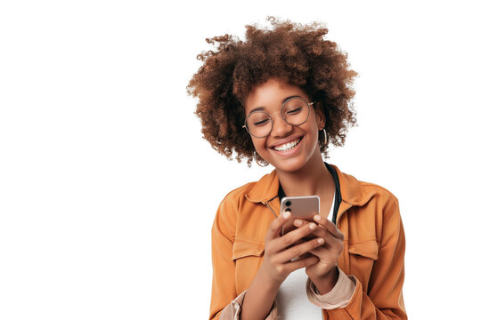 Smiling women young girl using smartphone, isolated on transparent background. Casual modern lifestyle concept with tech-savvy adult male holding mobile device.