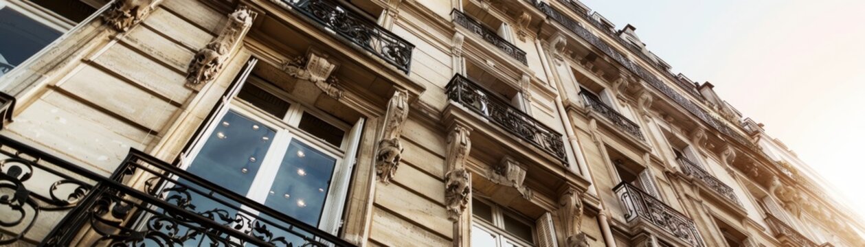 Classic Parisian building featuring a Haussmannstyle facade, tall windows, intricate wrought iron railings, and a limestone exterior