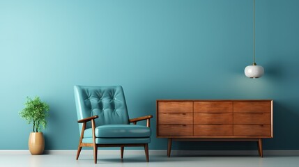 Modern mid century interior of living room ,leather armchair with wood cabinet on blue wall and wood floor