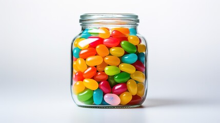 jelly beans in glass jar on white background