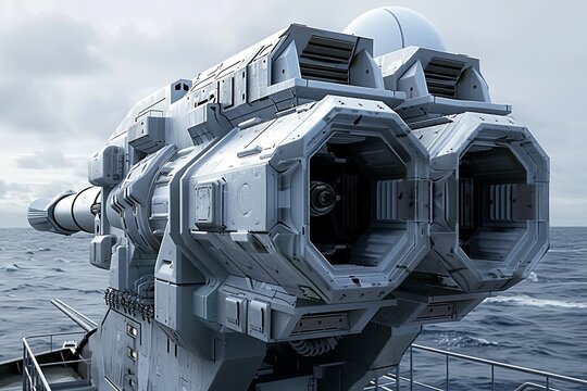 A close-up shot of a futuristic railgun mounted on a naval vessel, showcasing its intricate design and powerful capabilities. Generative AI