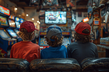 Obraz premium Three boys, wearing caps, sit in an arcade, focused on playing a video game on a large screen, surrounded by machines