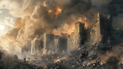 Destruction of Jericho. The scene showcases the crumbling walls of a medieval castle-like fort amidst a cloud of dust and debris, illustrating the historical moment with intense realism.