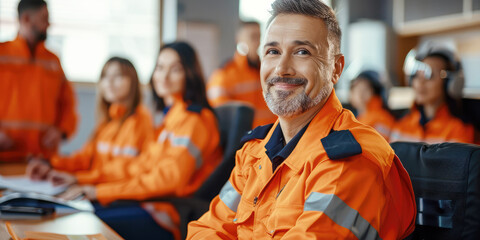 construction builder mechanic education, flight attendant pilot training class, paramedic emergency medical personnel seminar, firefighter utility factory worker student, mature man in orange uniform