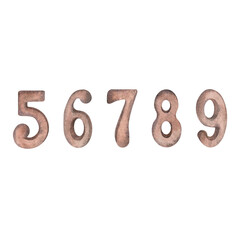 A set of numbers in watercolor from five to nine in brown. The clipart illustration is isolated on a white background. Numbering, school. Template for the design of postcards, prints, invitations