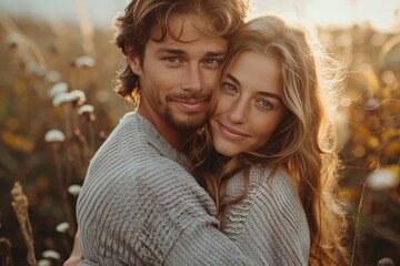 Fototapeta premium Affectionate couple embracing, surrounded by golden light of the sunset in a field