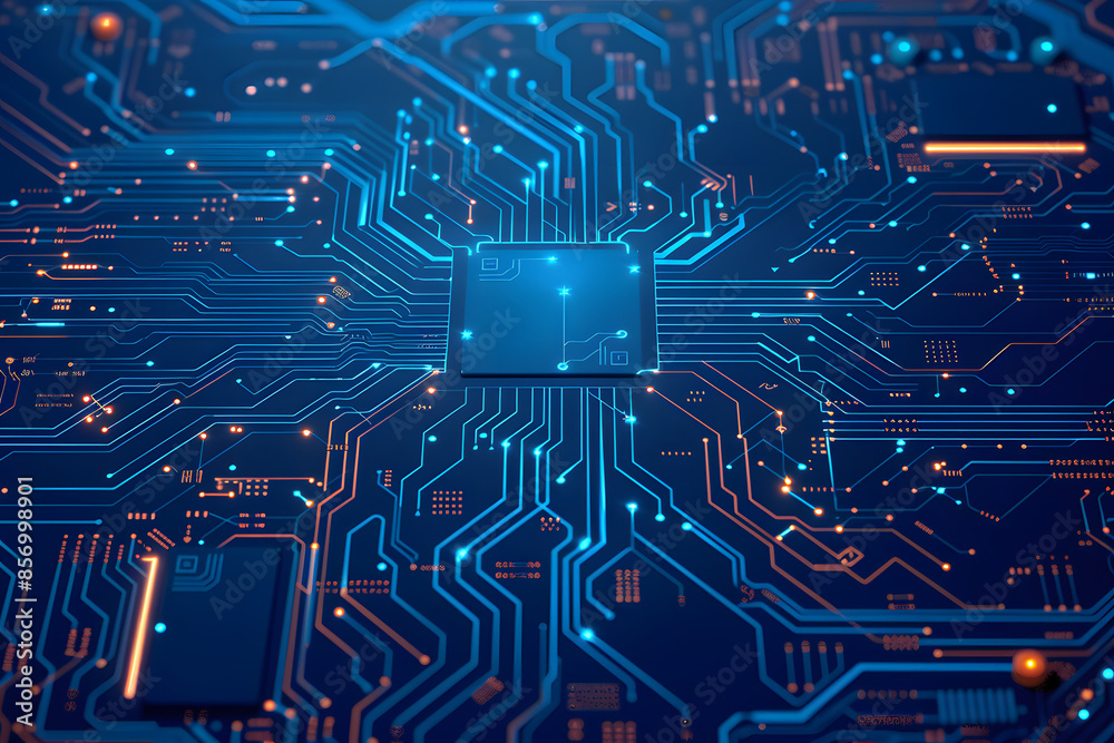 Poster abstract ai circuit board background. technology connected blue lines with electronics elements on t