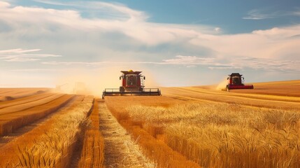 Fototapeta premium Across the golden fields, the combine harvester and tractor work tirelessly, their synchronized movements a symphony of efficiency and precision.