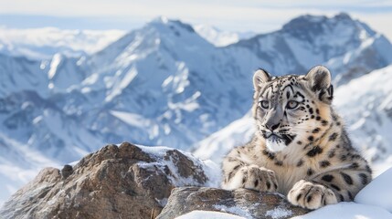 Against a backdrop of pristine snow and rugged peaks, the snow leopard cub's portrait embodies the untamed spirit of the Himalayas, symbolizing the enduring bond between wildlife 