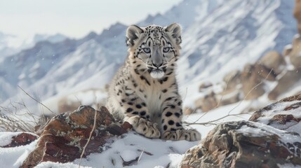 Fototapeta premium Against a backdrop of pristine snow and rugged peaks, the snow leopard cub's portrait embodies the untamed spirit of the Himalayas, symbolizing the enduring bond between wildlife 