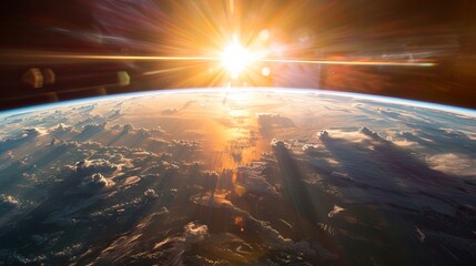 A breathtaking sunrise view of planet Earth from space, capturing the sun as it sets over the horizon, casting a golden glow across the planet's surface.