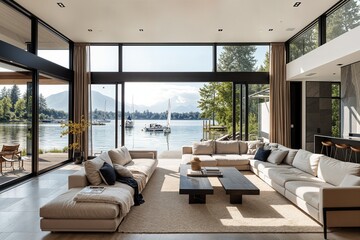 Fototapeta premium a living room filled with furniture and a large window