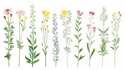 A detailed vector collection of wildflowers, including herbs, herbaceous flowering plants, blooming flowers, and subshrubs, all isolated on a white background. Hand-drawn botanical illustrations