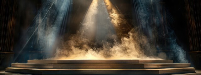 Empty stage with spotlights and smoke
