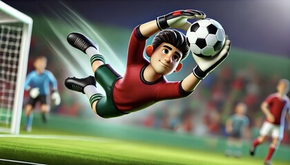 A 3D cartoon goalkeeper in a red jersey and green shorts dives mid-air to catch a soccer ball, with a determined expression.