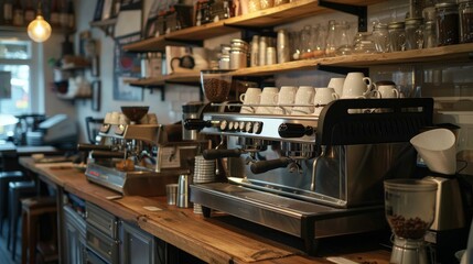 Fototapeta premium Behind the counter of the empty cafe, the espresso machine stands idle, its steam wand silent and its coffee beans untouched, waiting for the return of eager patrons.