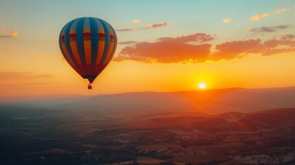 Obraz premium A hot air balloon floating in the sky at sunrise, with the sun peeking over the edge of the horizon.