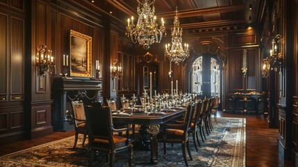 Beautiful formal dining room in an English manor house with a magnificent chandelier, dark oak paneling, and a long dining table, ideal for gatherings