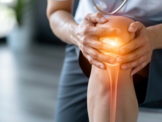 Close-up of a person holding a painful knee with a highlighted pain area, representing joint pain or injury in a medical concept.