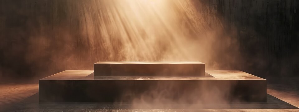 rays of light from heaven with empty wooden podium 