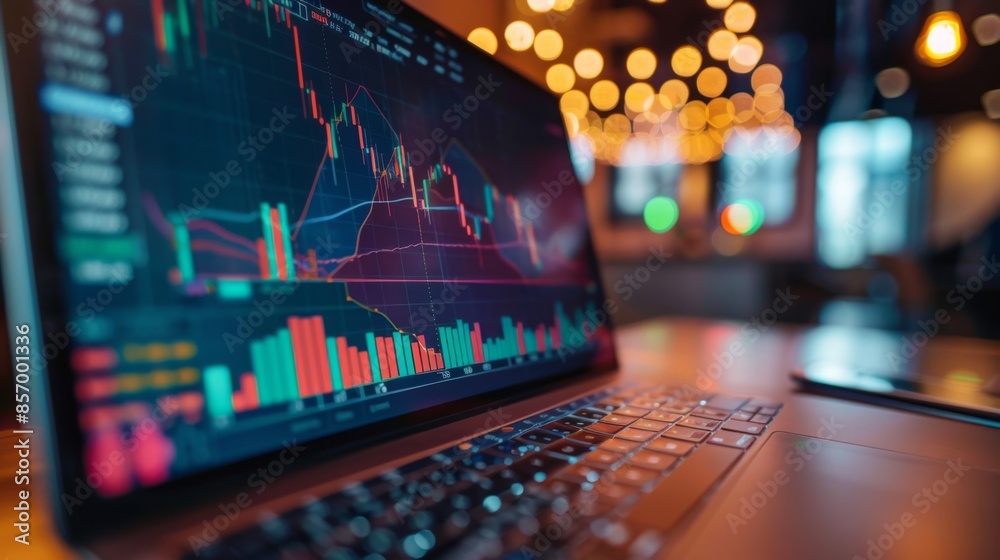 Fototapete a laptop displaying real-time stock market data with colorful graphs and indicators.