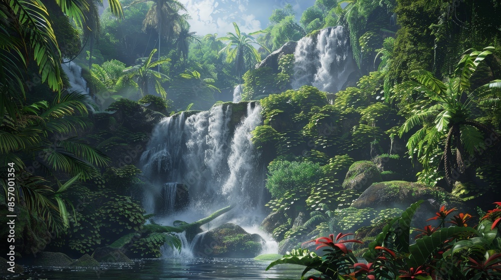 Canvas Prints Create a scene of a cascading waterfall hidden deep within a lush jungle, its thundering roar and misty spray adding to the sense of awe and wonder in the natural world.