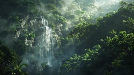 Obraz premium Create a scene of a cascading waterfall hidden deep within a lush jungle, its thundering roar and misty spray adding to the sense of awe and wonder in the natural world.