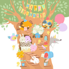 Cute Cartoon Animals celebrating Birthday on Big Tree. Vector Illustration