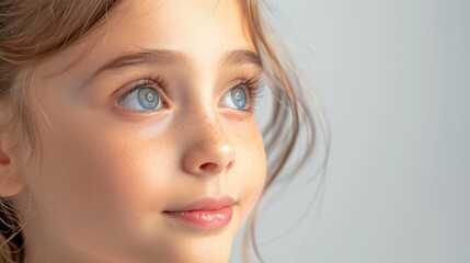 Naklejka premium little girl's face in close-up on blue background, children's health
