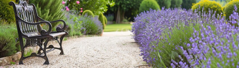 Obraz premium Closeup of a provincial garden with blooming lavender plants, meandering gravel pathways, and a vintage wrought iron bench