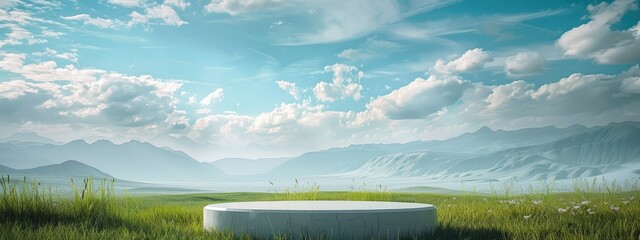 A beautiful landscape with a river flowing through a green meadow. The sky is blue and there are some clouds in the distance.